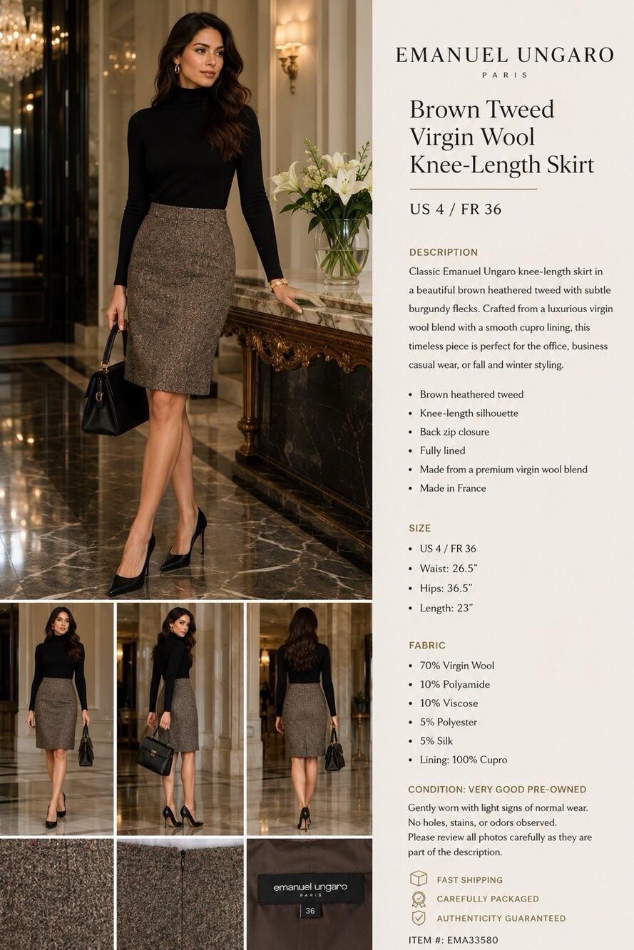 EmanuelUngaro Paris Brown Virgin Wool Tweed Pencil Skirt US 4 FR 36 | Orig. $500
